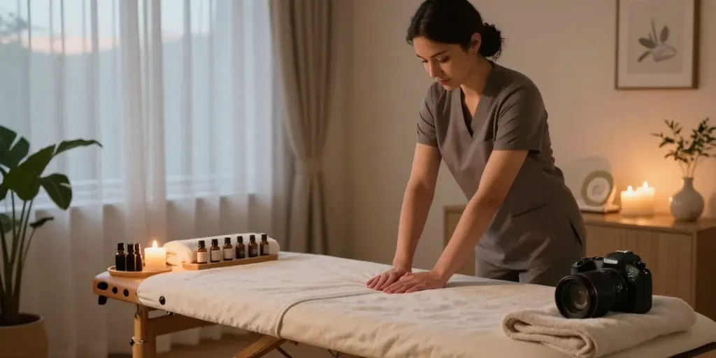 Experience 영통출장마사지 in a serene home setting with a professional therapist preparing for a soothing session.