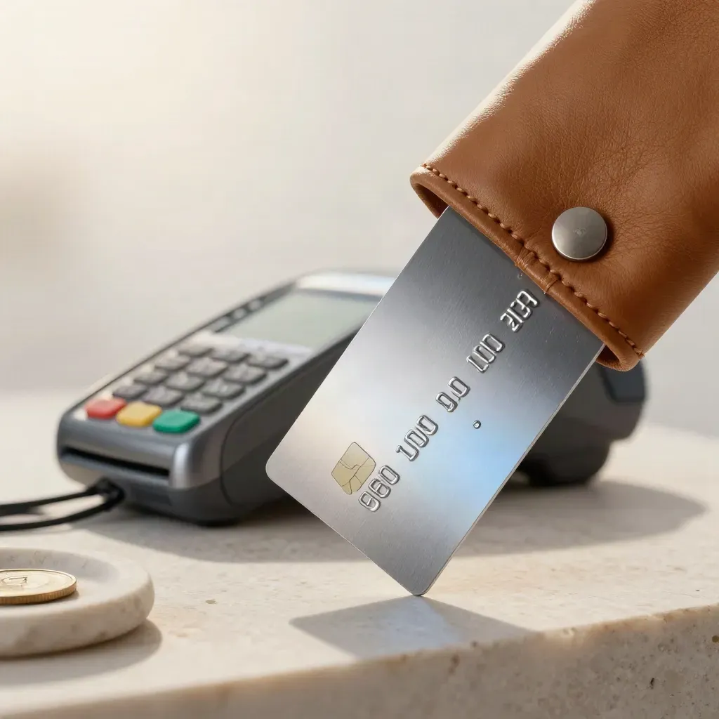 Payment card half out of leather sleeve beside terminal, phone and coin tray on limestone.