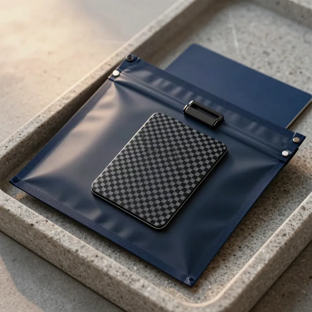 Matte courier pouch, card reader and machined clip on brushed stone in a premium macro flatlay.