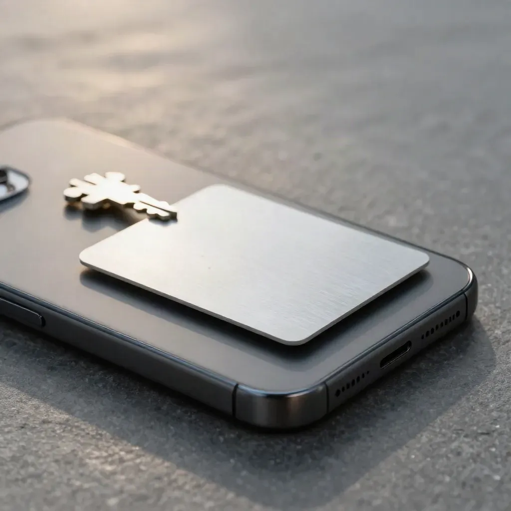 Macro still life of a phone, blank debit card, and contactless reader on graphite stone.