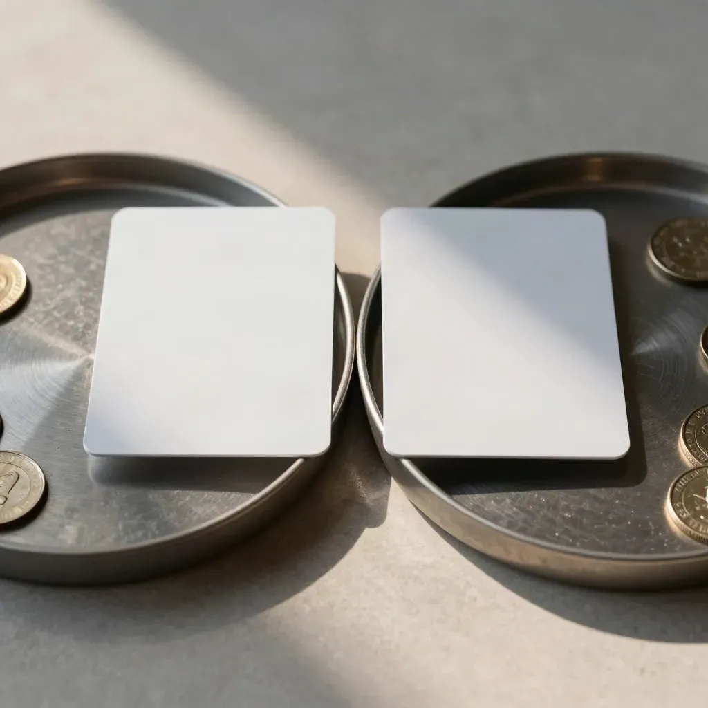 Top-down flatlay of blank payment cards facing across brushed coin trays with coins