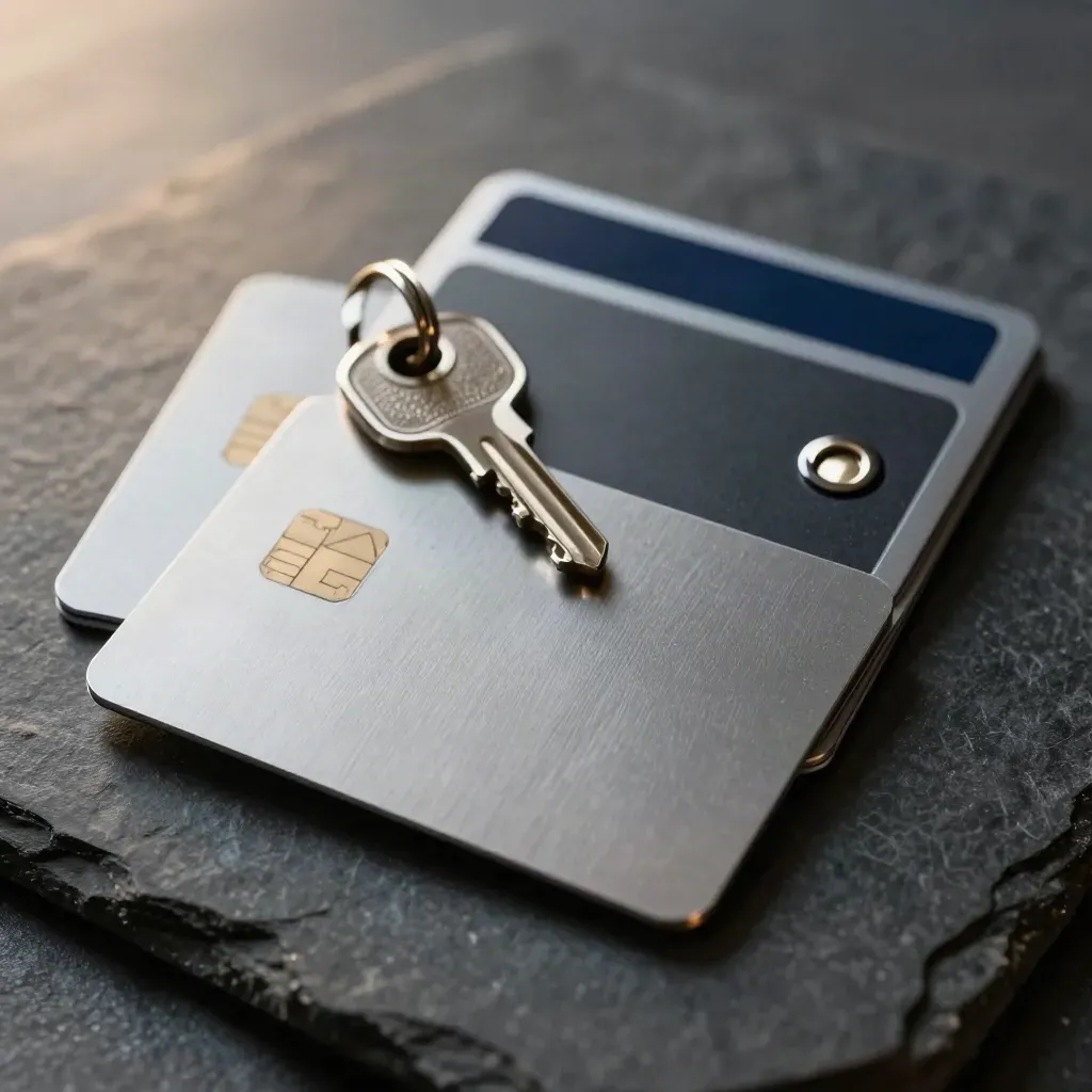 Three metal cards partly sliding from a locking sleeve on dark stone, dramatic studio light.