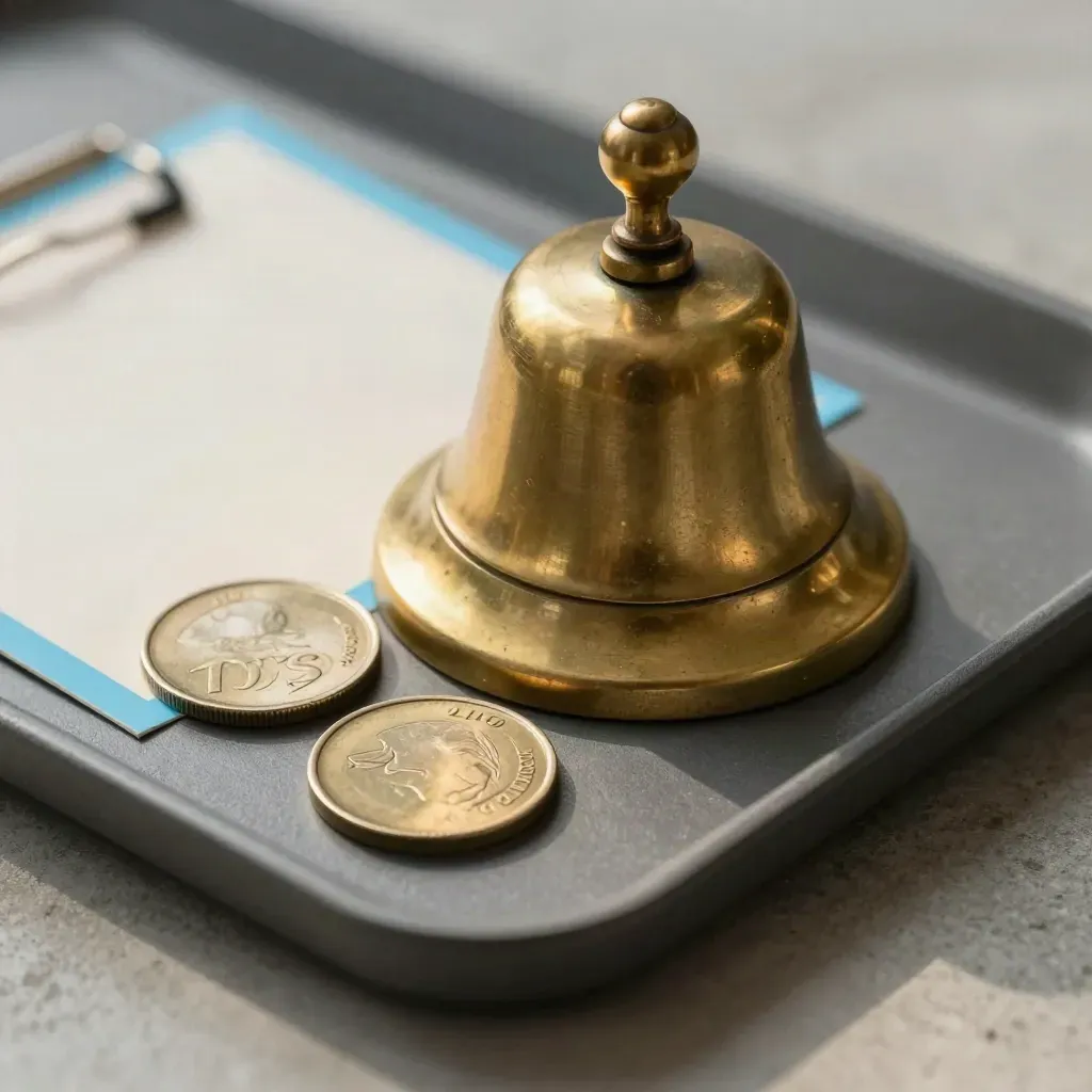 Brass desk bell, clipped card, and coins on a matte tray in a tight macro finance still life.